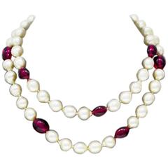 1960's Anonymous Faux Pearl & Red Poured Glass Necklace 