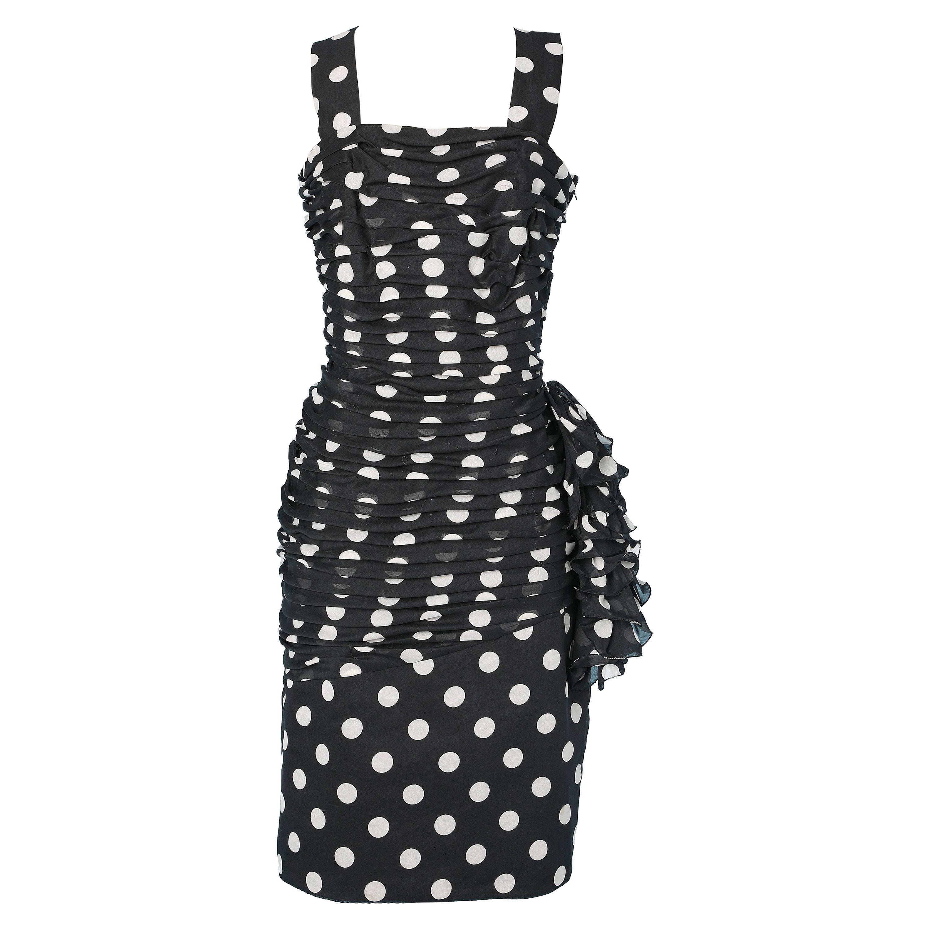 1980's black and white polka dots draped cocktail dress with ruffles  For Sale
