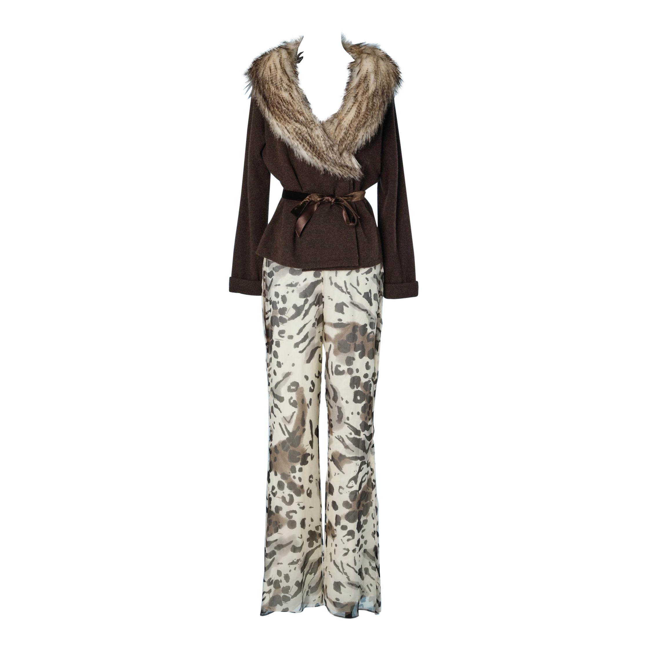 Brown cashmere and furs cardigan with chiffon printed trousers Heidi Weisel  For Sale