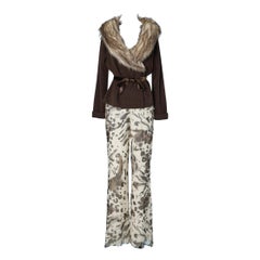 Brown cashmere and furs cardigan with chiffon printed trousers Heidi Weisel 