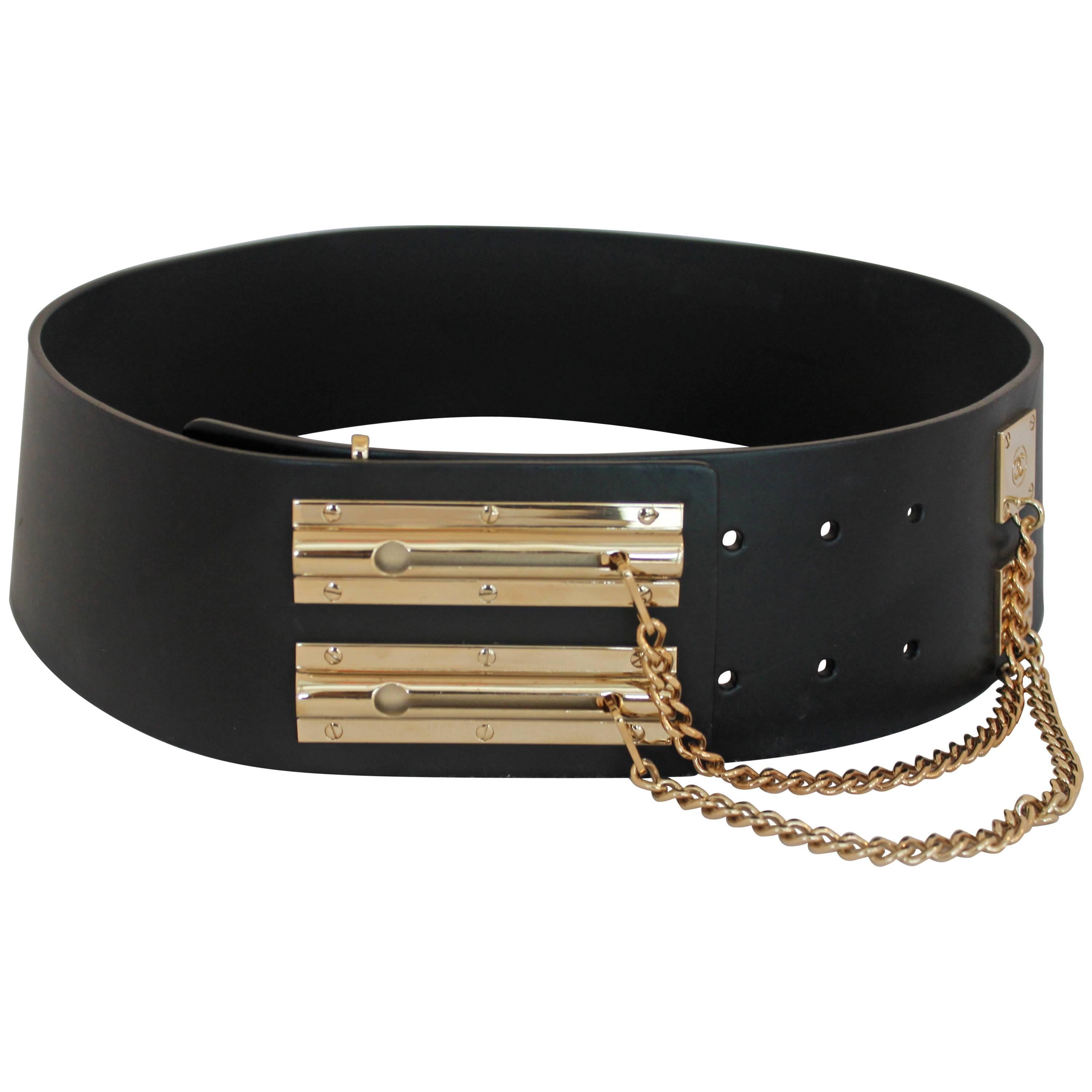 Chanel Black Leather with Gold Slide Lock & Chain Belt - 02P