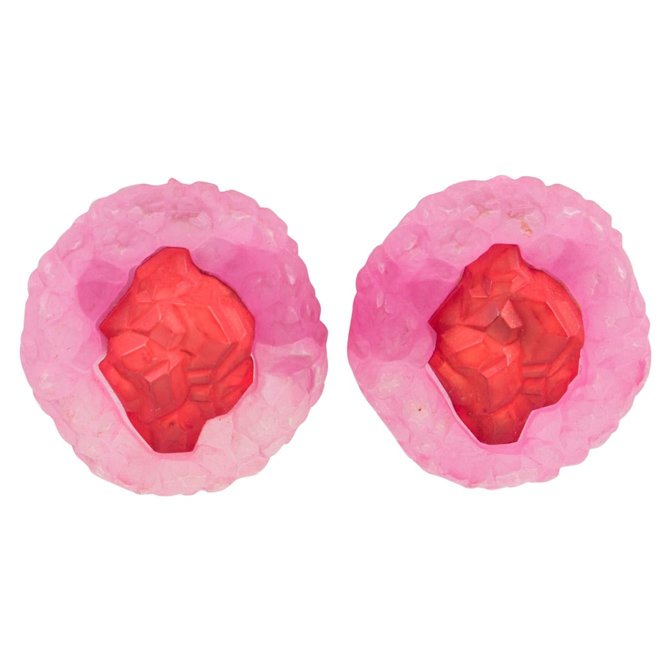 Oversized Pink and Red Rock Lucite Clip Earrings