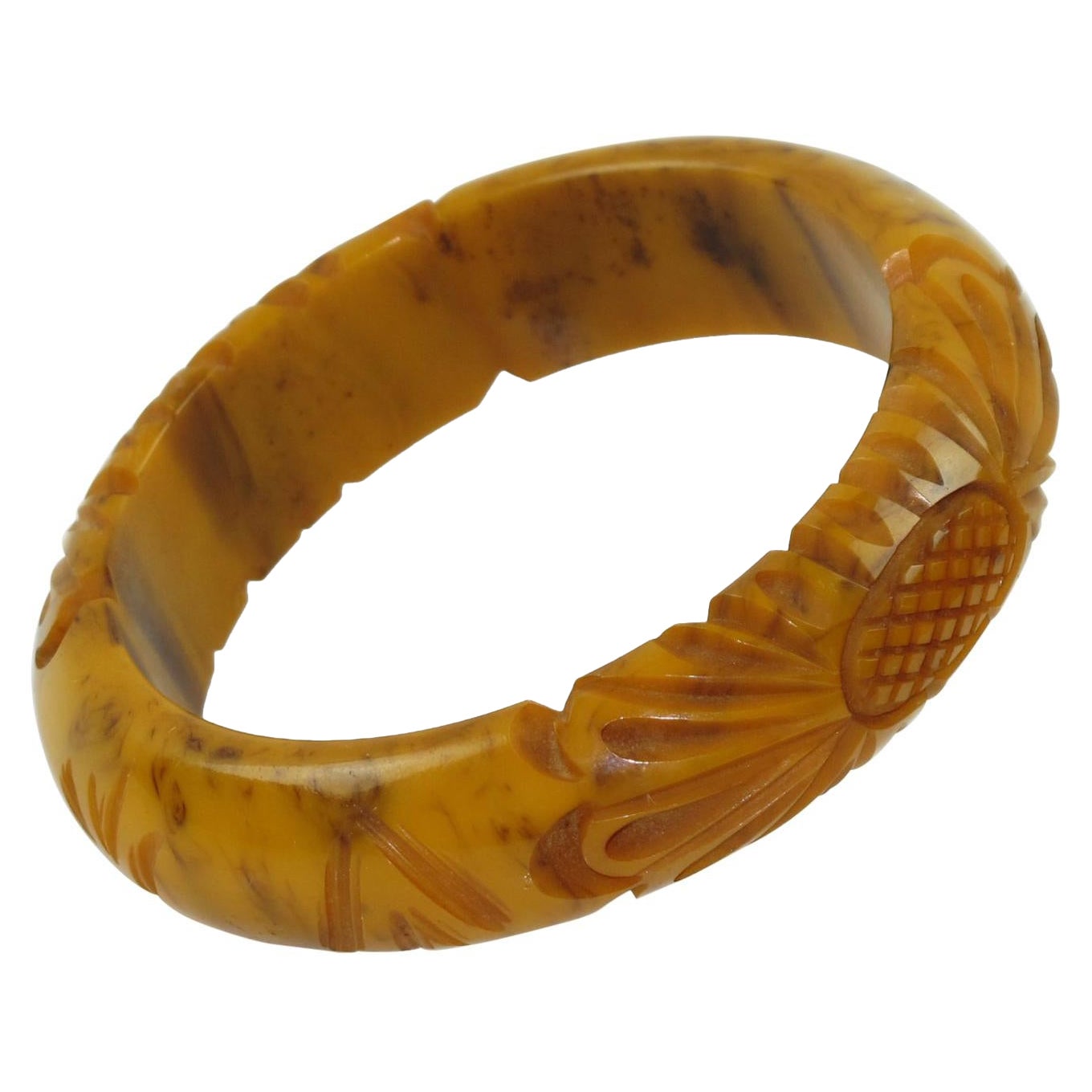Bakelite Carved Bracelet Bangle Banana and Brown Marble For Sale