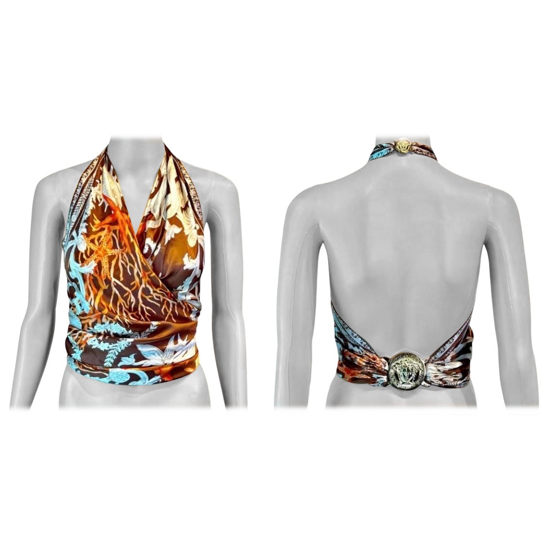 Versace S/S 2005 Seashell Print Halter Backless Medusa Embellished Crop Top