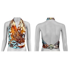 Vintage Versace S/S 2005 Seashell Print Halter Backless Medusa Embellished Crop Top