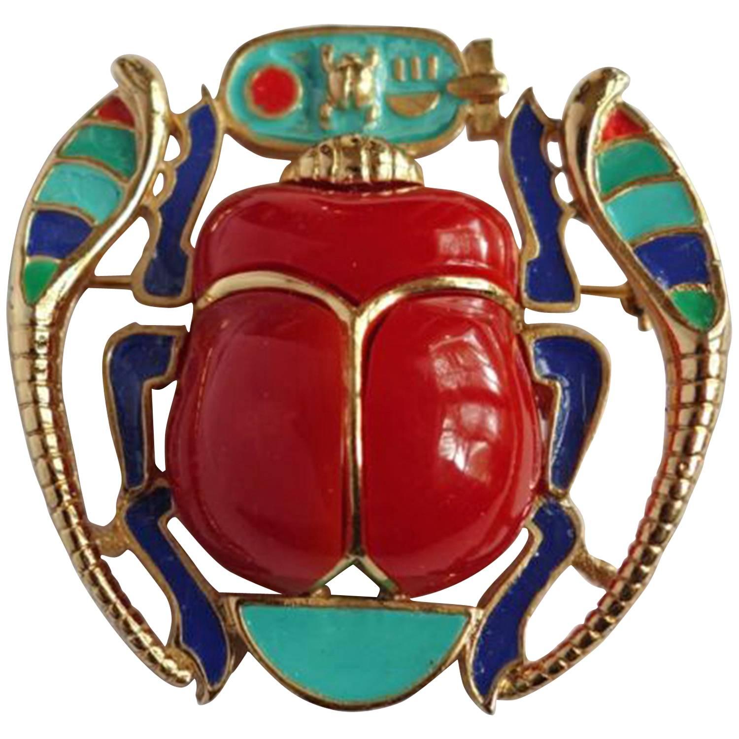 Egyptian Revival Enamel Scarab Hattie Carnegie Pendant Brooch Pin