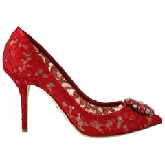 Dolce & Gabbana Red Lace Leather Bellucci Shoes Heels Pumps Floral DG Crystals