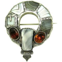 Antique Victorian Scottish Agate Citrine Sterling Silver Brooch Pin C1890s