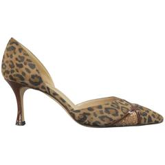 MANOLO BLAHNIK Size 7 Brown Leopard Suede Snake Detail D'Orsay Pumps