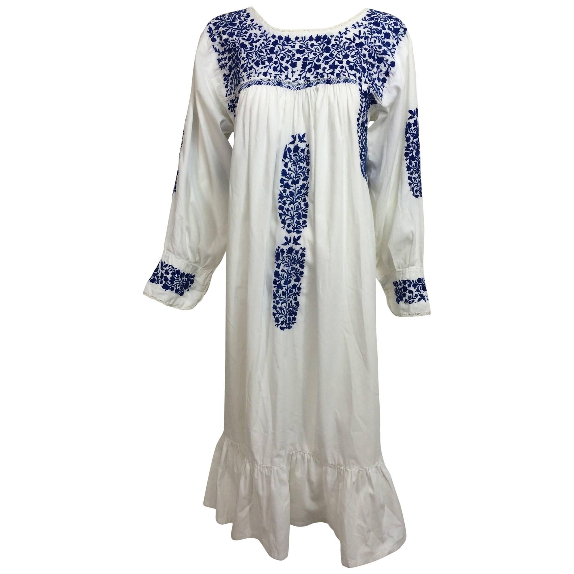 1960s blue & white embroidered Oaxacan Mexican wedding dress vintage