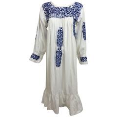 1960s blue & white embroidered Oaxacan Mexican wedding dress Retro