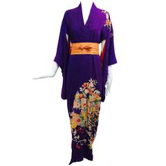 Vintage Pre WWII embroidered figured purple silk crepe floral Japanese kimono 1930s