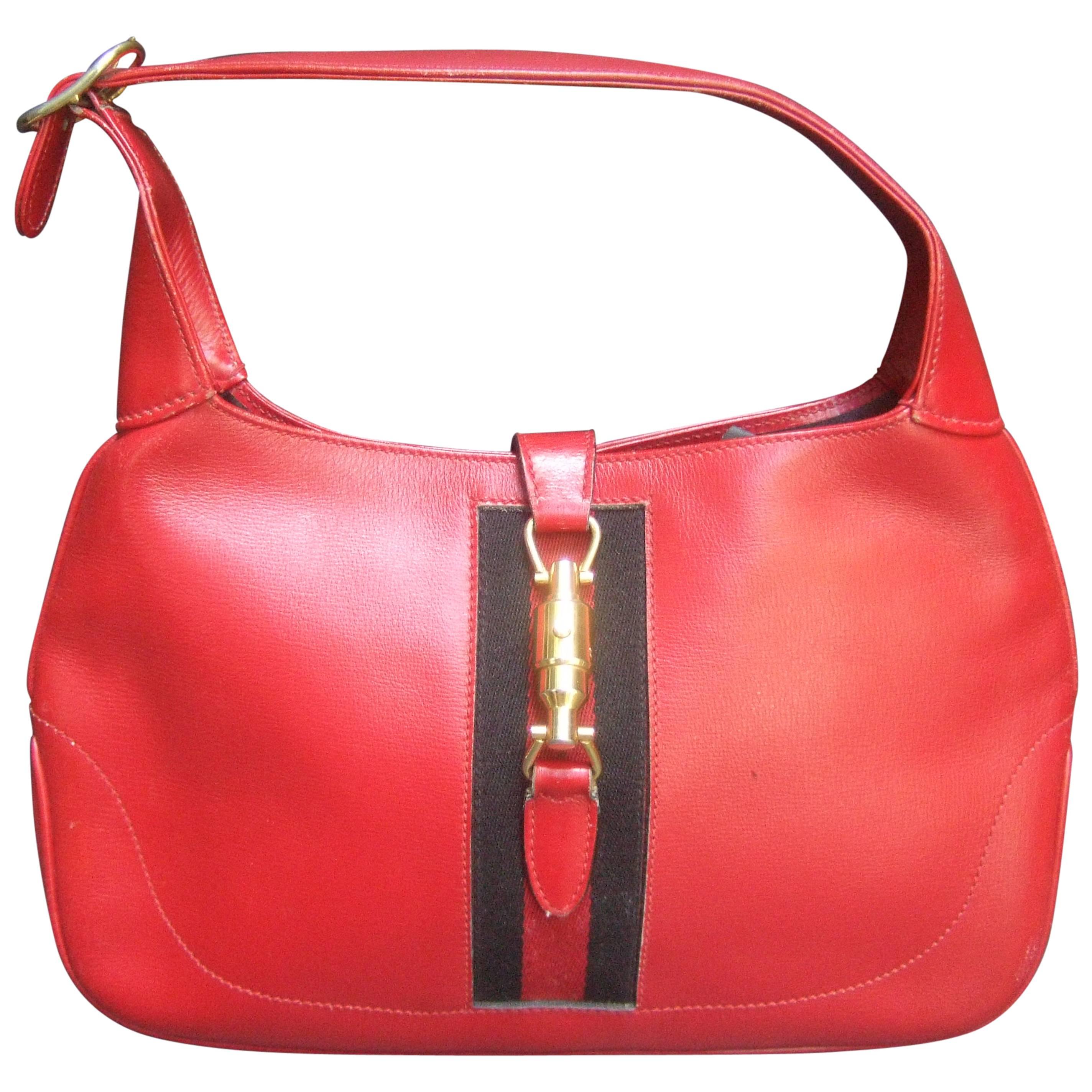 Gucci Italy Iconic Red Leather Jackie O Piston Handbag ca 1970s