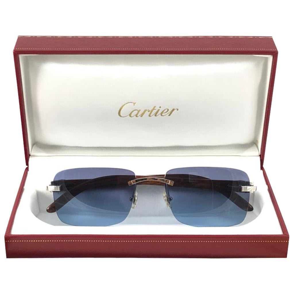 New Cartier Rimless C Decor Classic Precious Wood Full Set France Sunglasses en vente