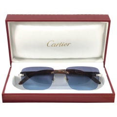 New Cartier Rimless C Decor Classic Precious Wood Full Set France Sunglasses