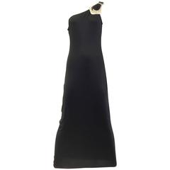 Paco Rabanne black jersey one shoulder dress with silver metal hardware