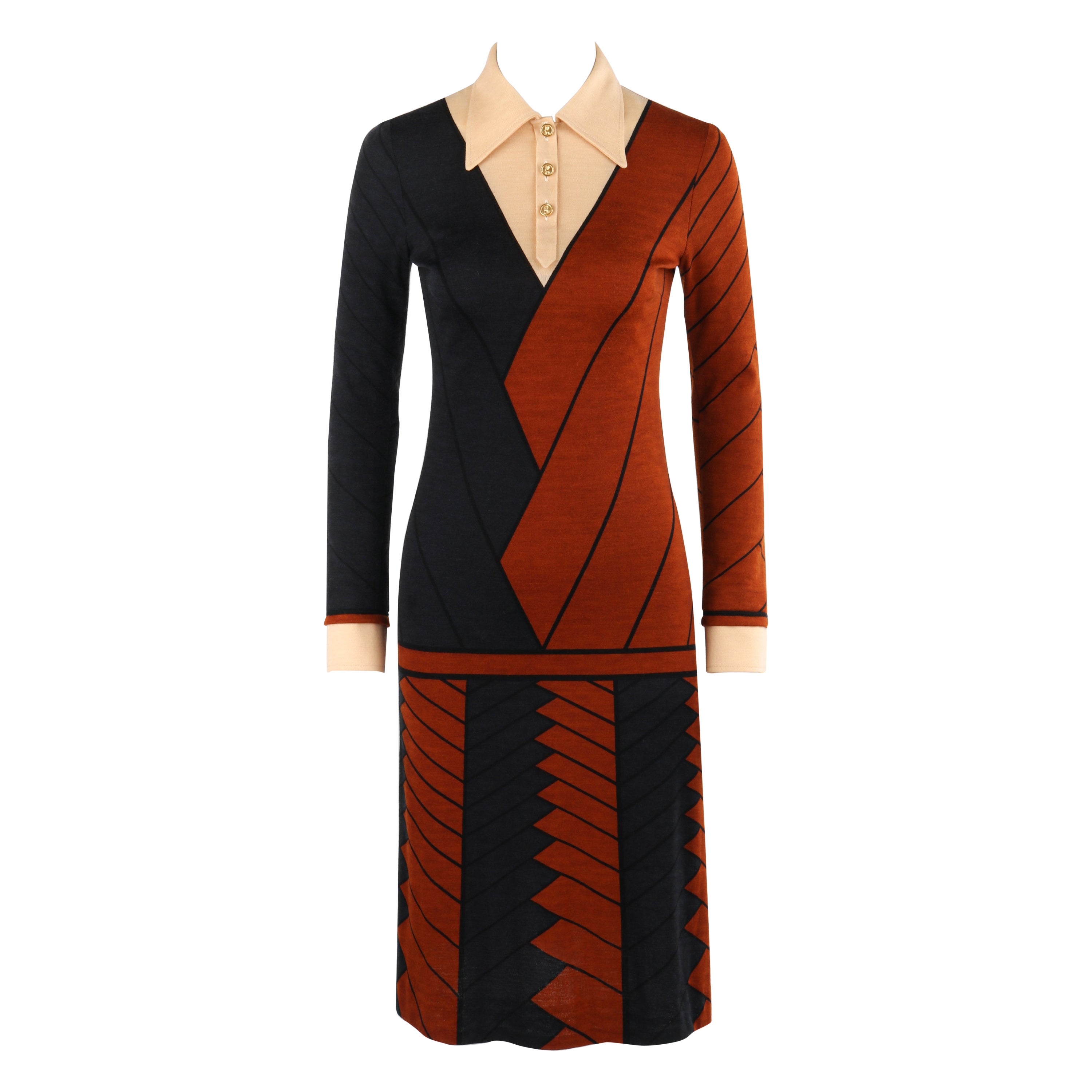 ROBERTA DI CAMERINO c.1970s Wool Pattern Collar Knee-Length Long Sleeve Dress For Sale