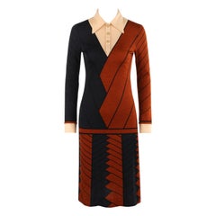 ROBERTA DI CAMERINO c.1970s Wool Pattern Collar Knee-Length Long Sleeve Dress