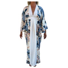 Morphew Collection Blue & White Japanese Kimono Silk Fan Print Kaftan