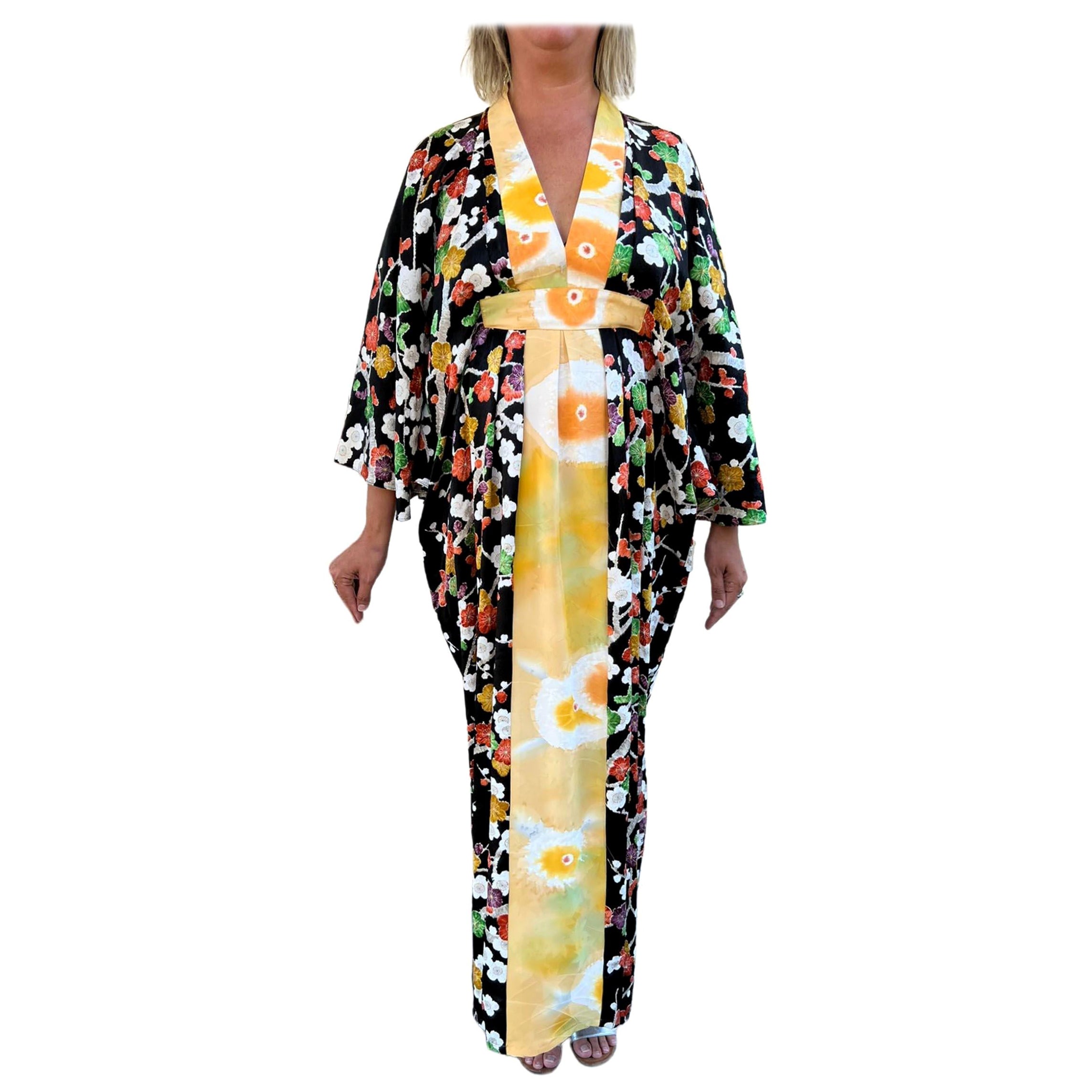 Morphew Collection Japanese Kimono Silk Yellow With Cherry Blossom Print Trim K