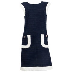 CHANEL navy blue & white cotton 2014 SLEEVELESS TWEED Dress 36 XS