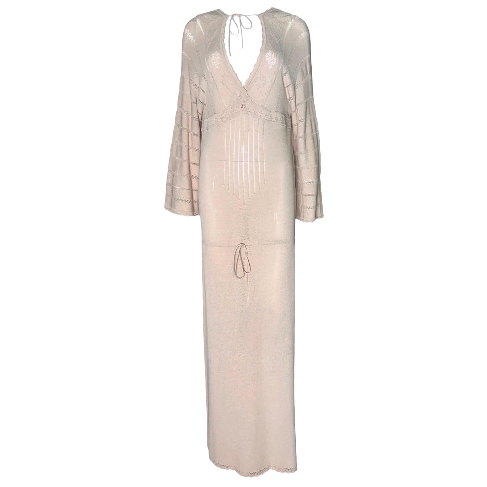 CHANEL Nude Knit Maxi Evening Dress Kaftan Tunic Beach Pool Cover Up  38 For Sale