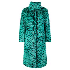 Verheyen London Manteau à col haut vert imprimé léopard en fourrure de chèvre, Taille UK 12
