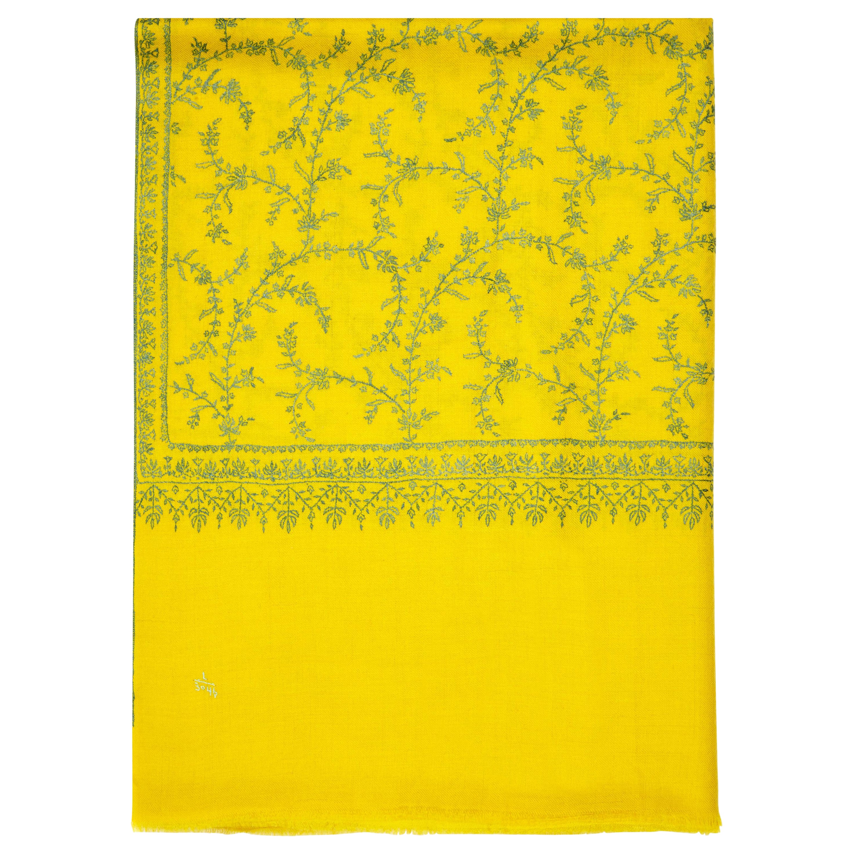 Hand Embroidered 100% Cashmere Scarf in Yellow Made in Kashmir India 