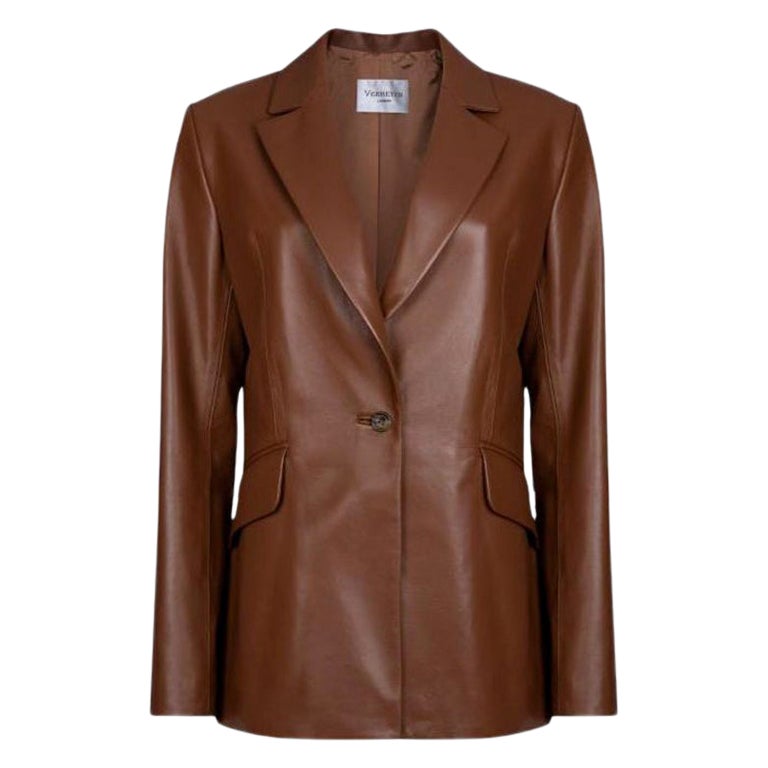 Verheyen London Chesca Oversize Blazer in Tan Leather, Size 8 For Sale
