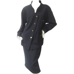 Chanel Classic Black Wool Military Style Skirt Suit ca 1990s