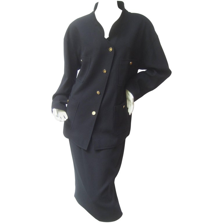 Chanel Classic Black Wool Military Style Skirt Suit ca 1990s at 1stDibs