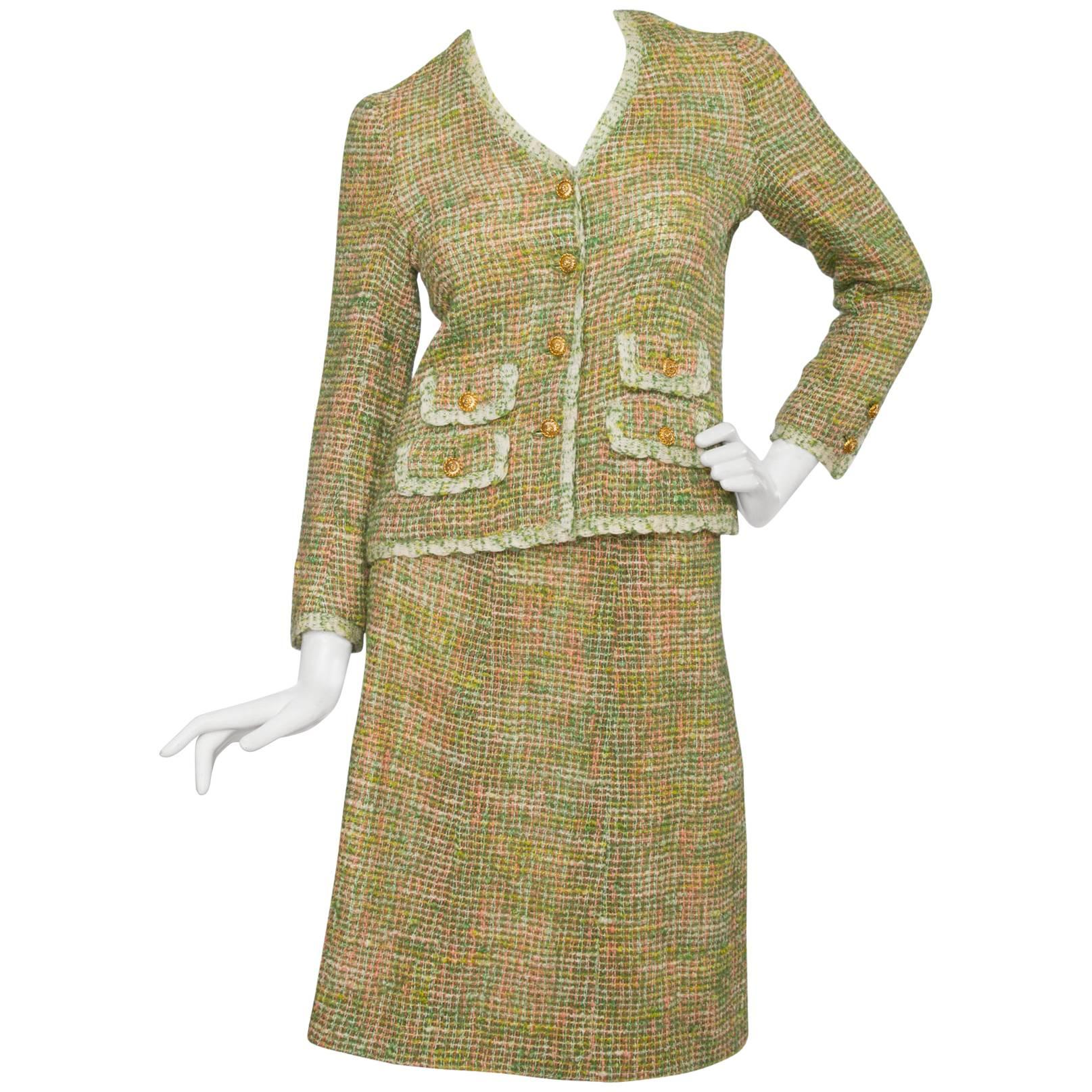 1960s Chanel Haute Couture Green & Pink Skirt Suit