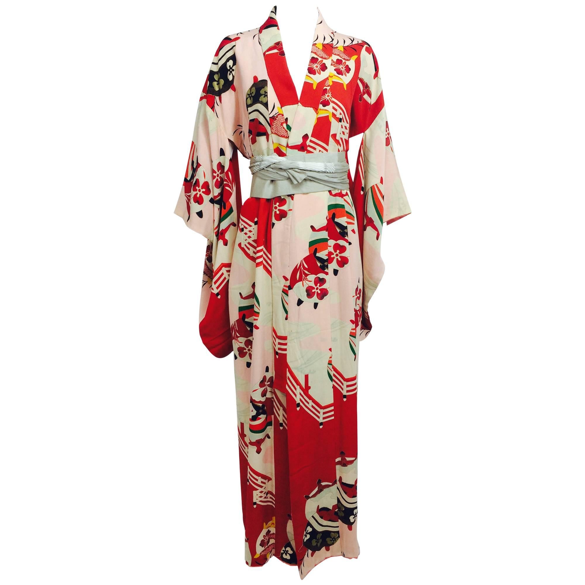 Pre WWII red and pink silk crepe Japanese Kimono 1930s