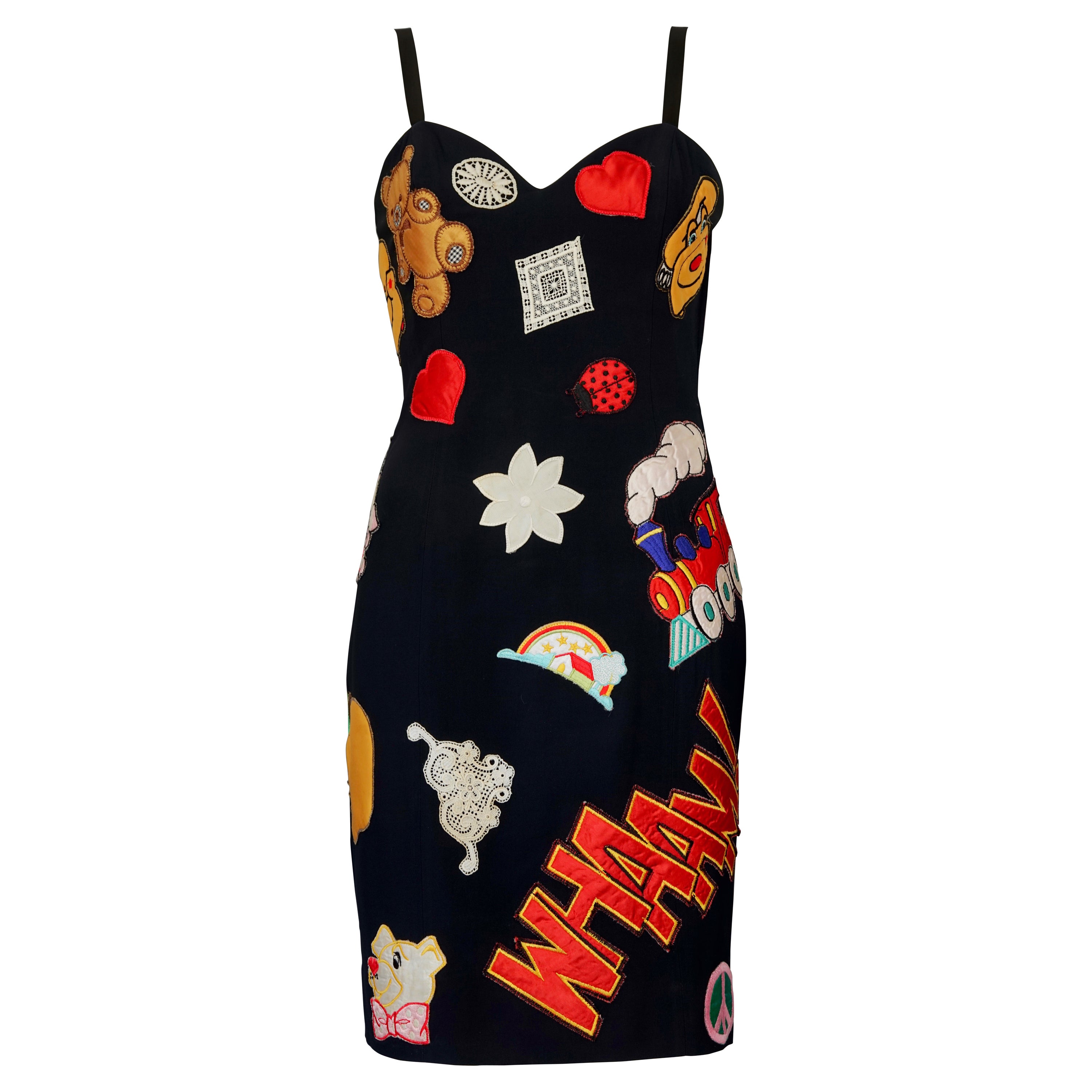 Vintage 1994 MOSCHINO COUTURE "WHAM" Patchwork Novelty Dress For Sale