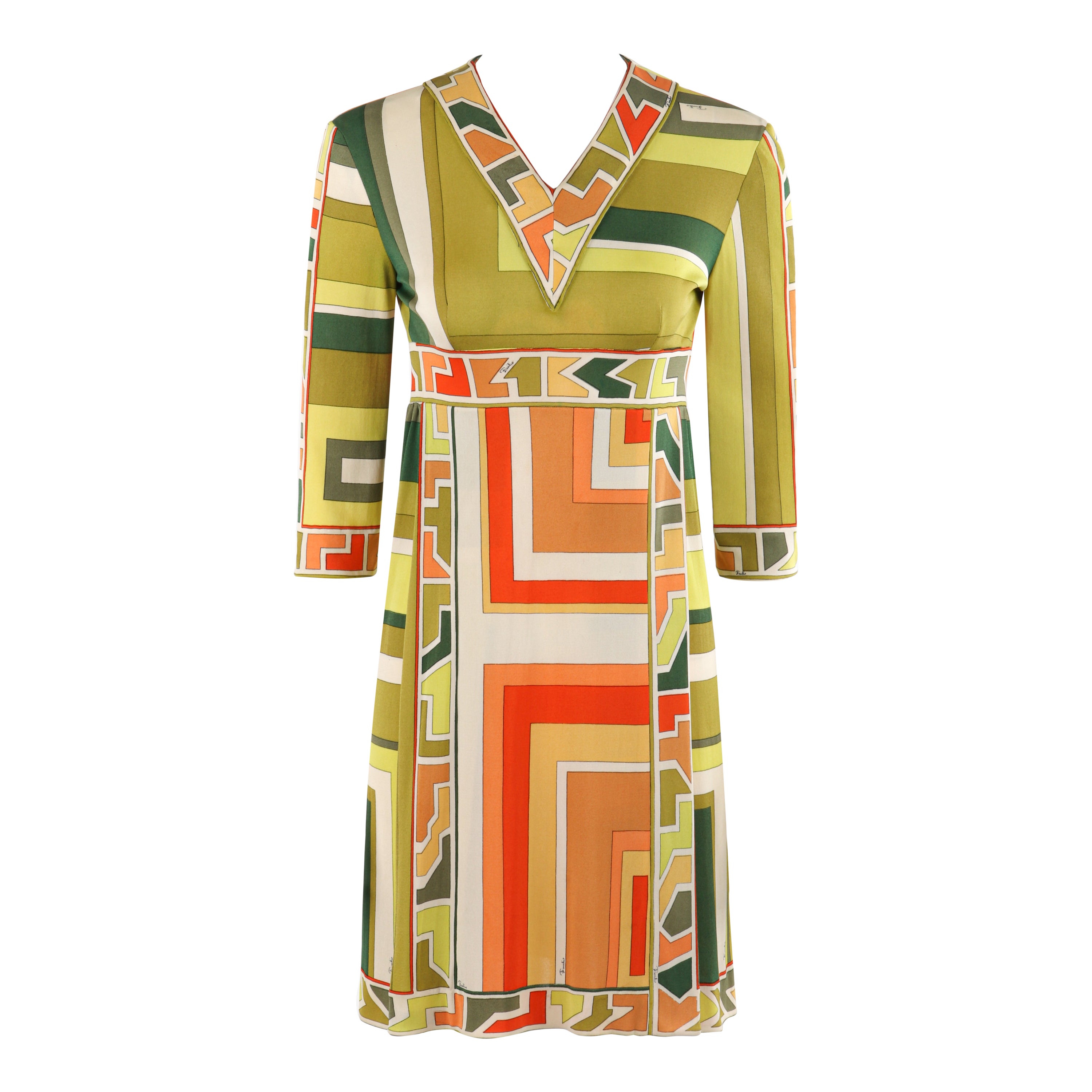 EMILIO PUCCI c.1960s Green Multicolor Silk Geometric Print V-Neck Pleated Dress For Sale