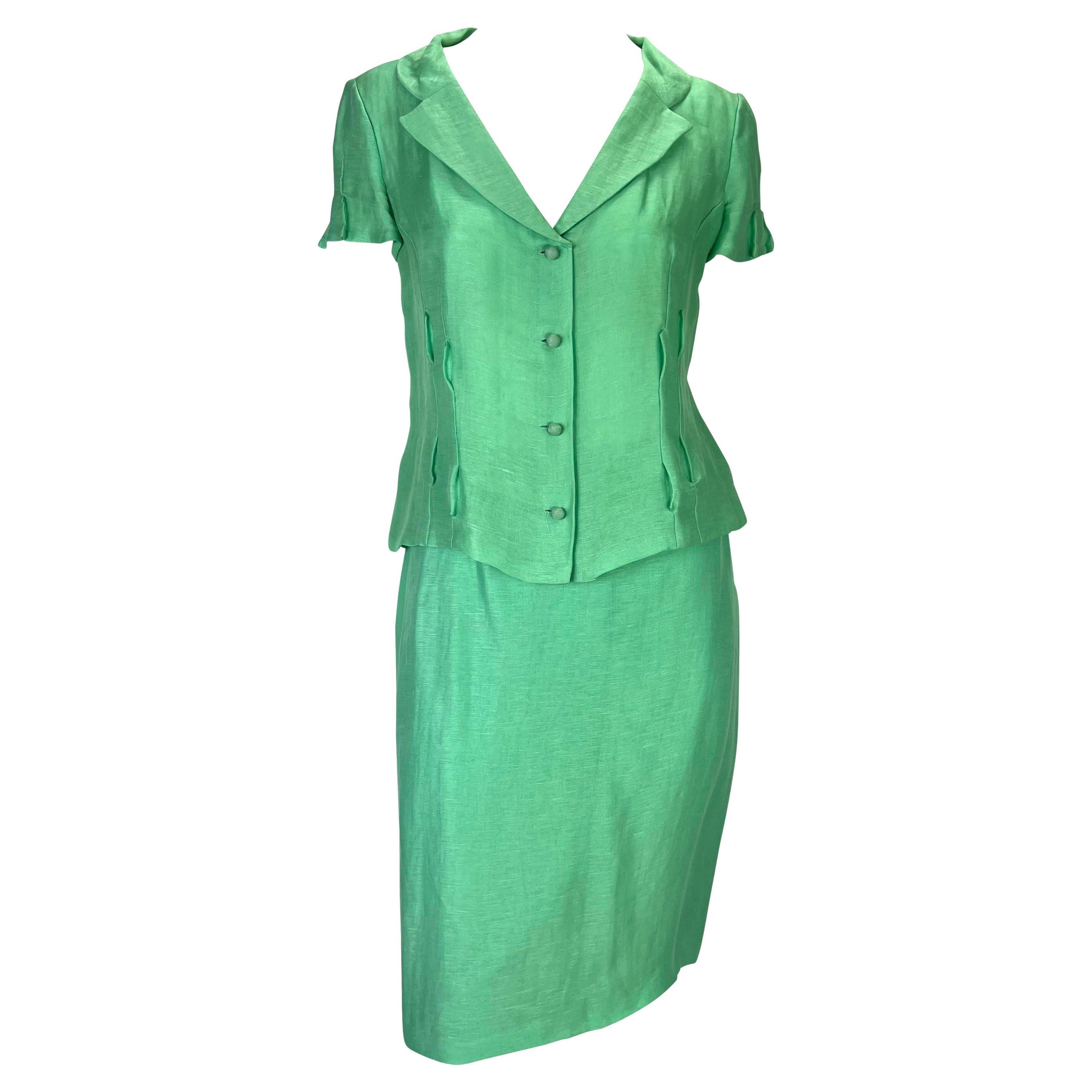 S/S 1999 Gianni Versace by Donatella Runway Ad Seafoam Green Linen Silk Suit For Sale