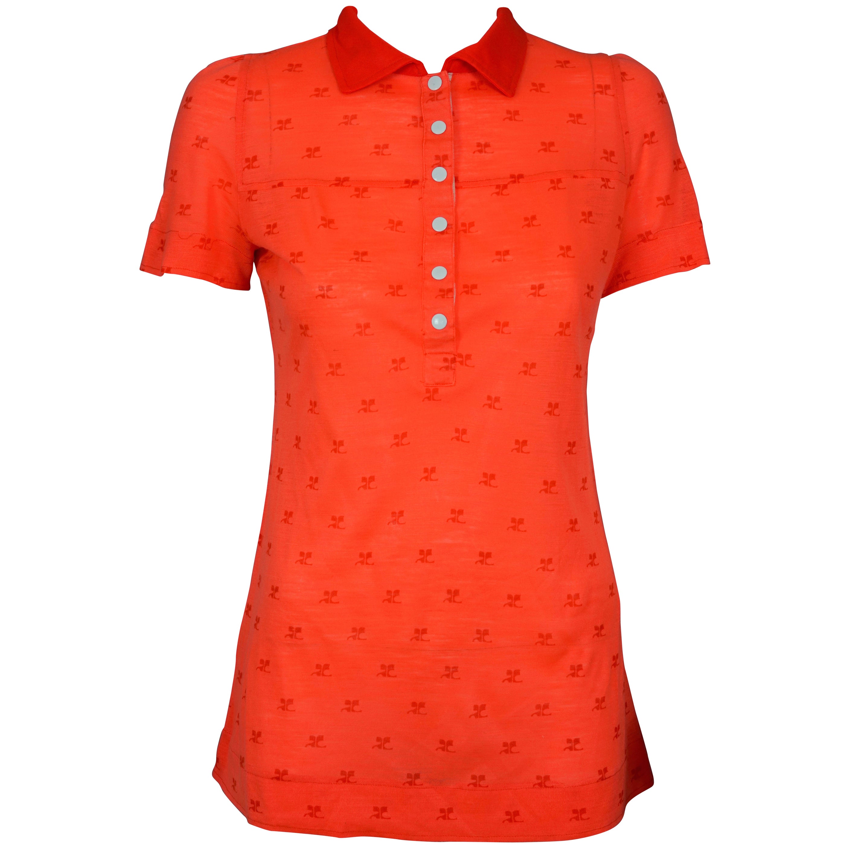 Vintage 1970s COURREGES Logo Fluorescent Orange Polo Shirt