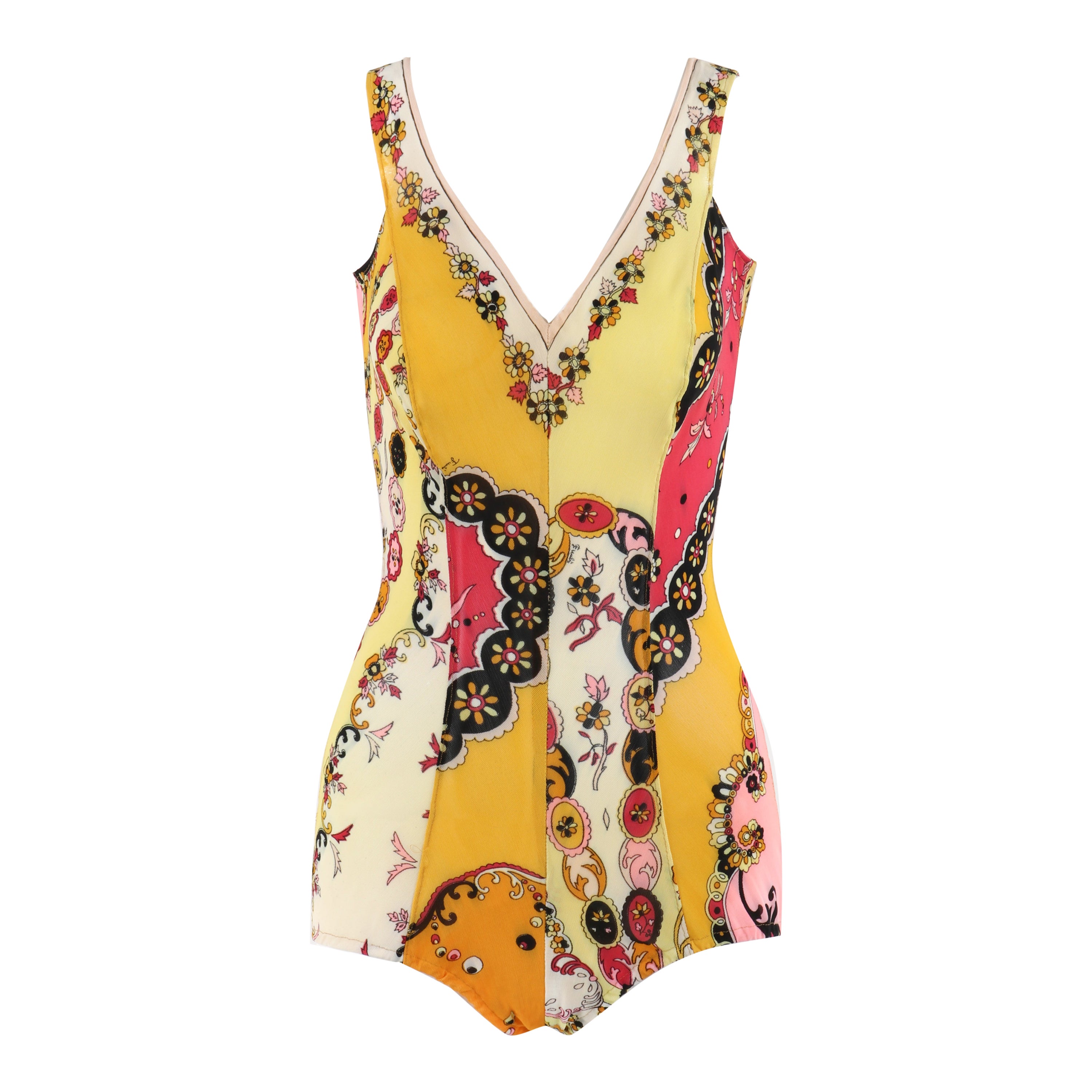 EMILIO PUCCI c.1969 Maillot de bain une pièce Op Art jaune et multicolore