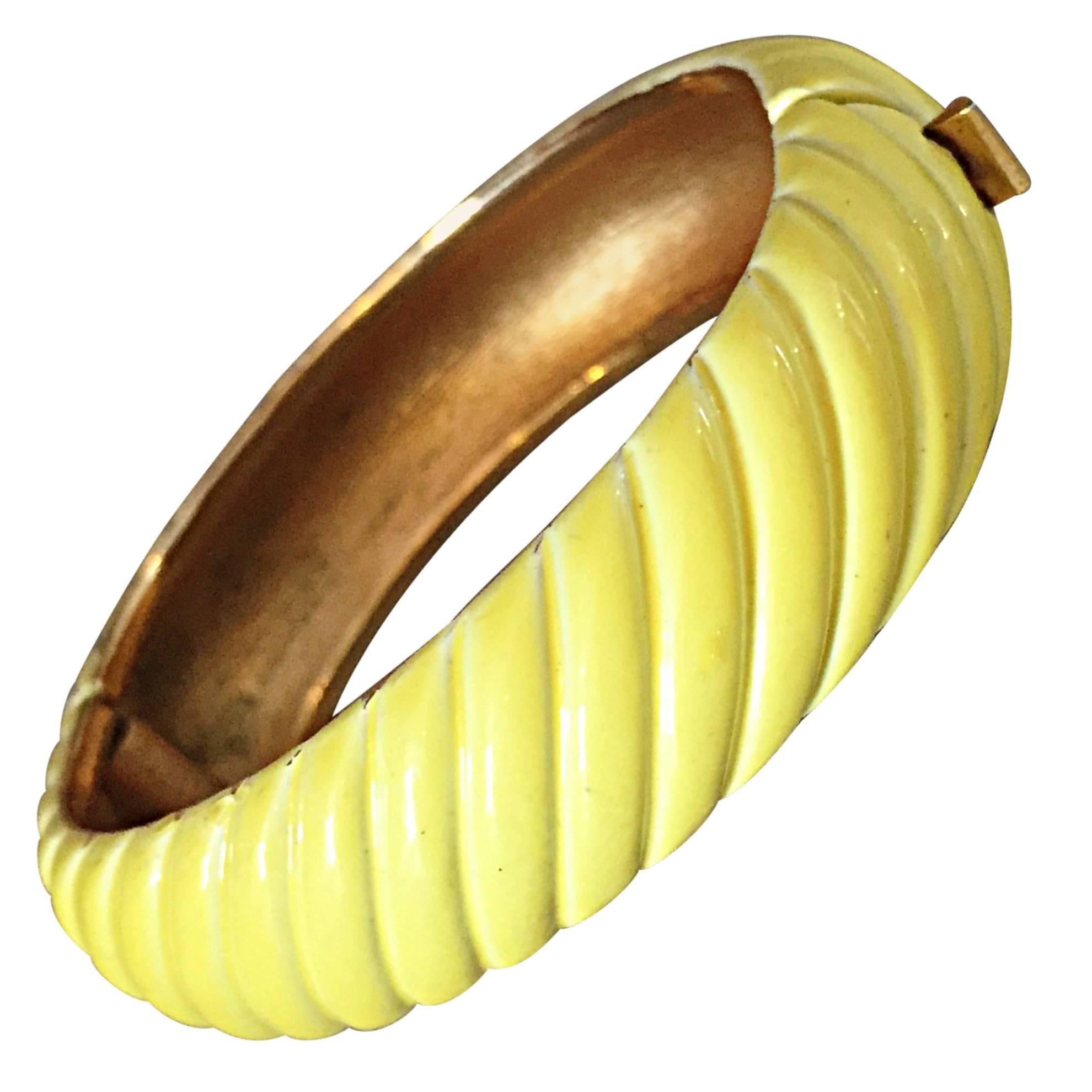 1960s Trifari Canary Yellow Vintage 60s Etched Signed Bangle Bracelet  For Sale