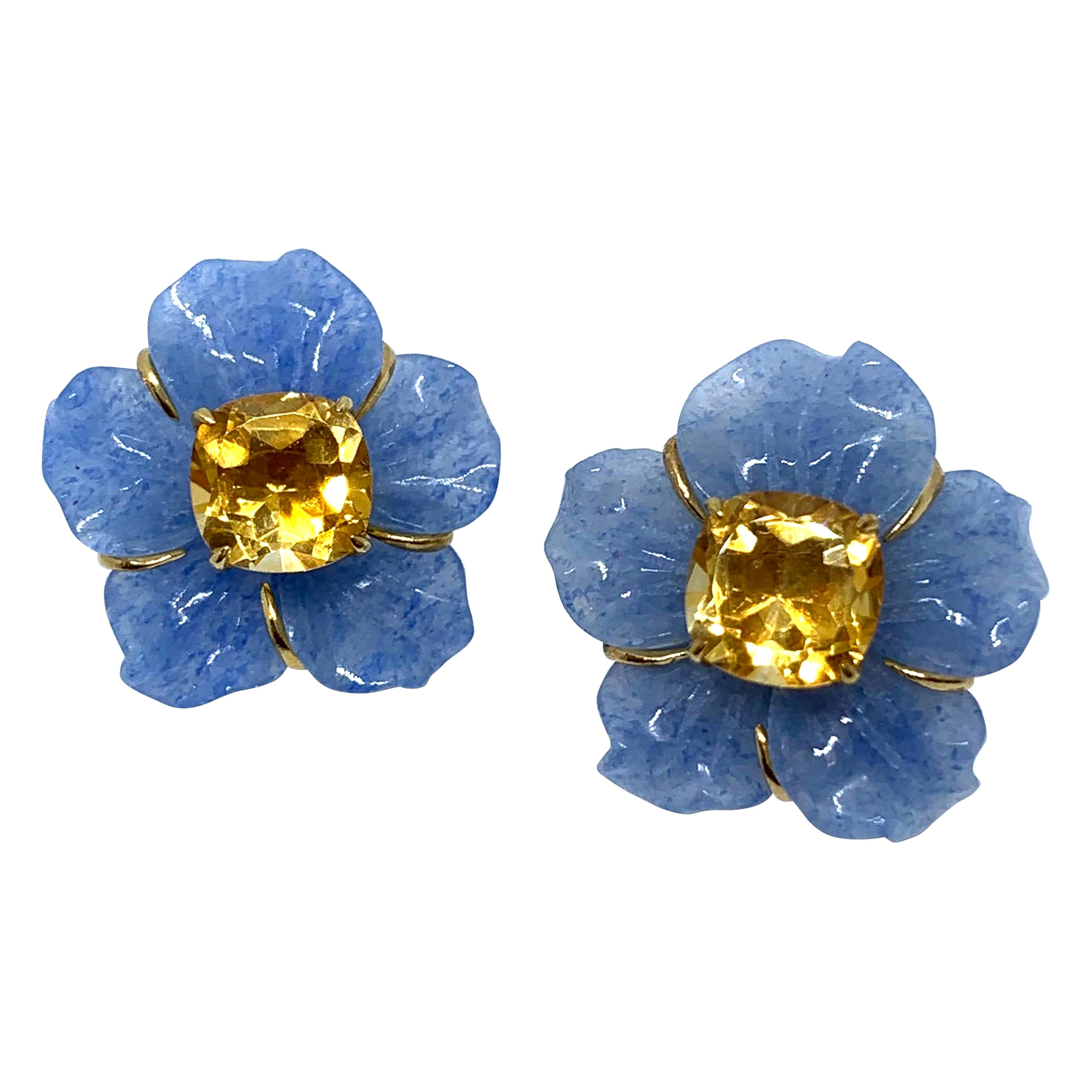 24mm Carved Dumortierite Flower and Cushion Citrine Vermeil Earrings For Sale
