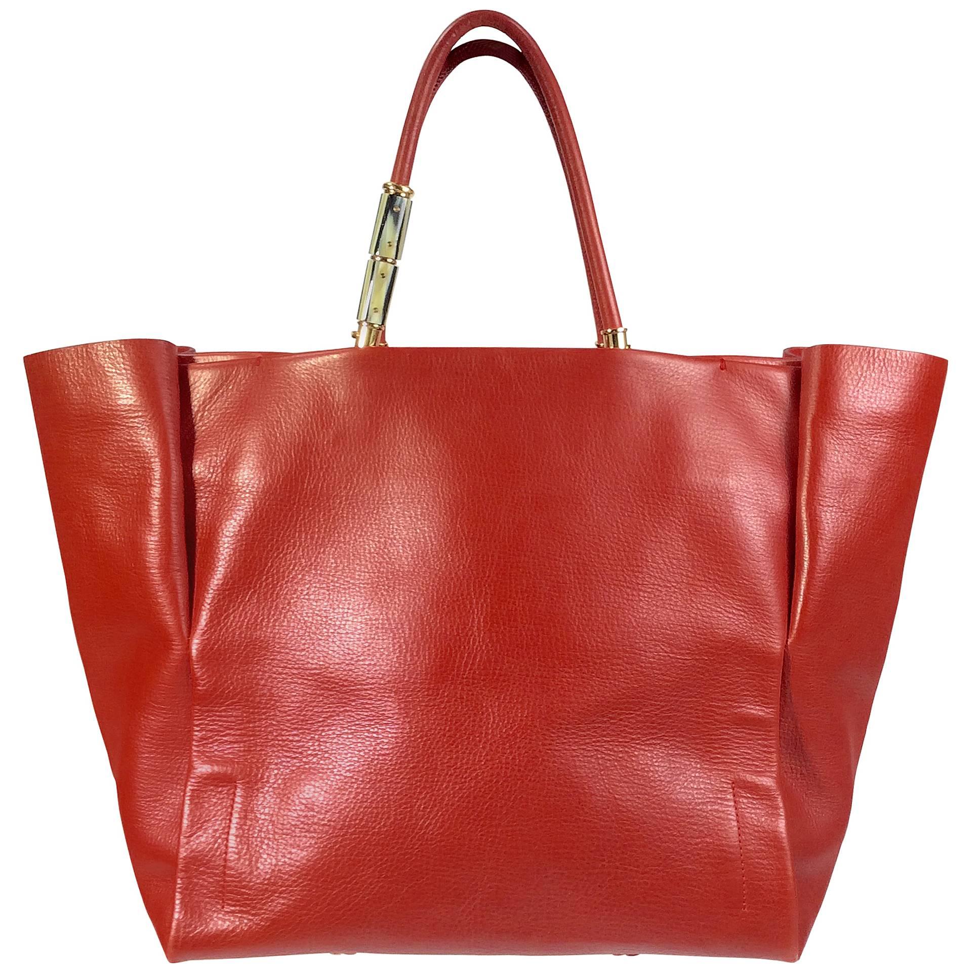 Lanvin Red Leather Tote with Gold Hardware For Sale