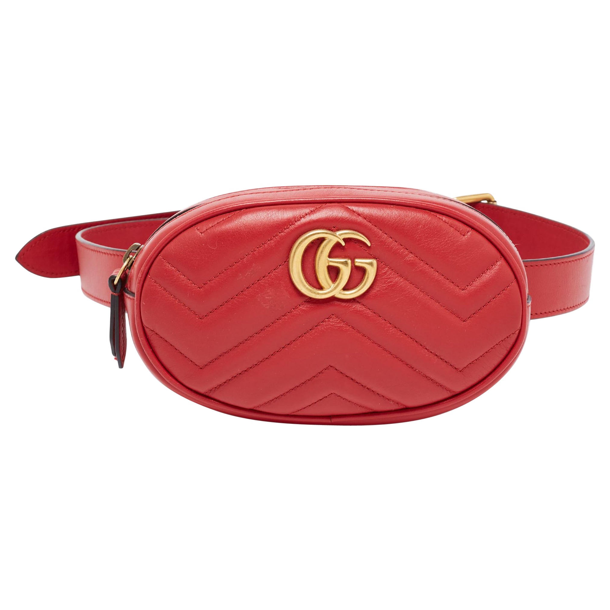 Gucci Red Matelassé Leather GG Marmont Belt Bag