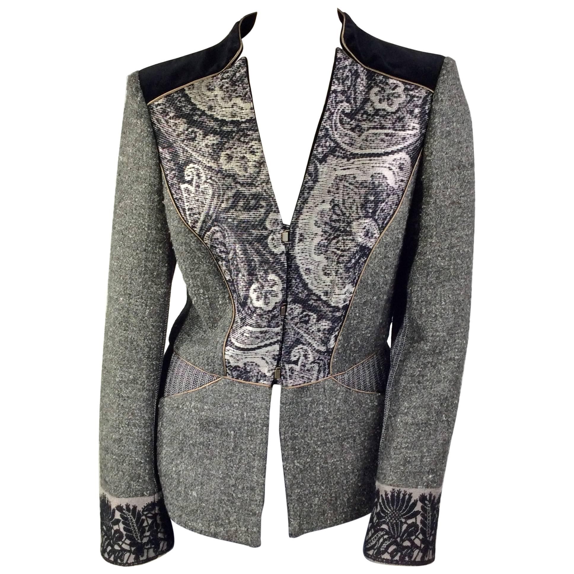 Etro Grey Wool and Black Brocade Blazer with Taupe Trim For Sale