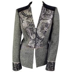 Etro Grey Wool and Black Brocade Blazer with Taupe Trim