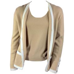 Chanel Taupe Cashmere Sweater Set with Off White Trim