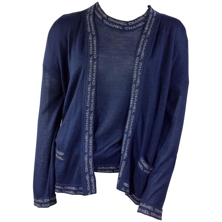 Chanel Navy Cashmere Sweater Set with Grey Chanel Trim at 1stDibs