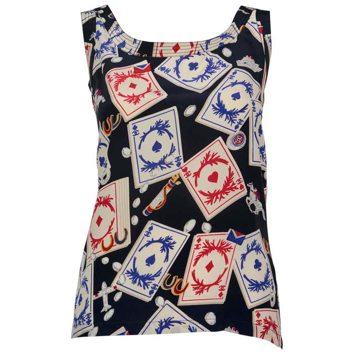 Vintage 1995 CHANEL Playing Cards Print CC Logo Button Silk Top For ...