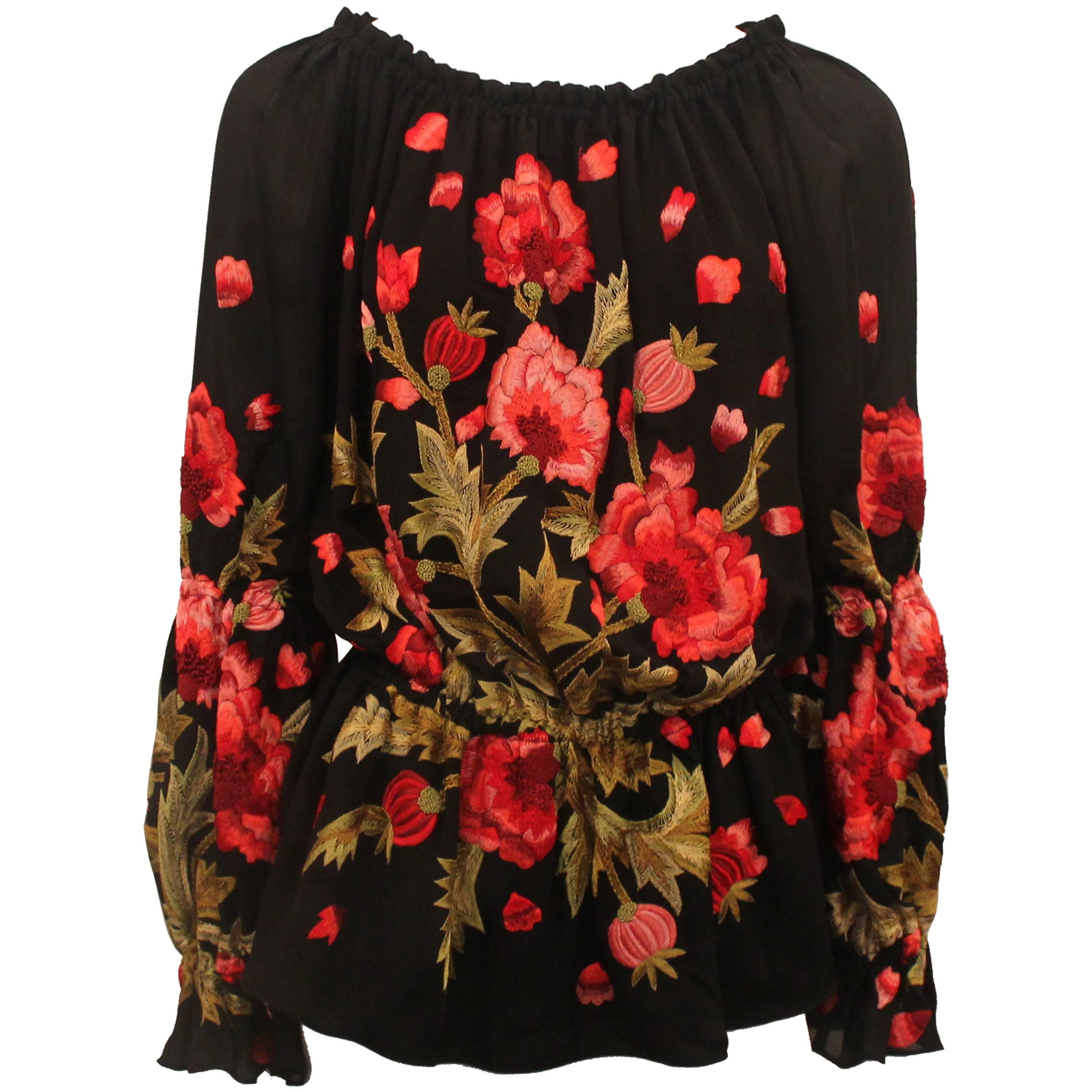 Naeem Khan Black Silk Peasant Blouse with Floral Embroidery - M