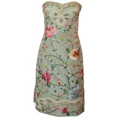 Oscar de la Renta Pastel Green Silk Taffeta Floral Strapless Dress - 4
