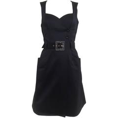 Vintage Thierry Mugler Black Cotton Wrap Dress with Acrlyic Belt 90s Dress 3